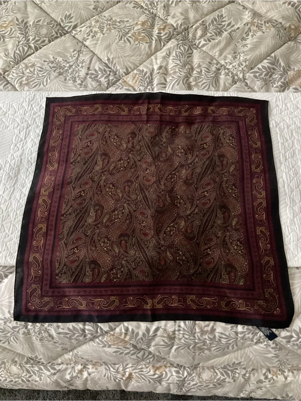 Ralph Lauren Burgundy, Black and Gold Paisley Silk Scarf